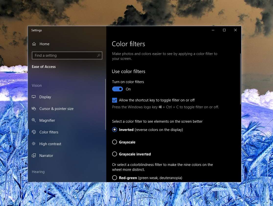 Windows 10 kisegítő lehetőségek beállításai invertált színekkel